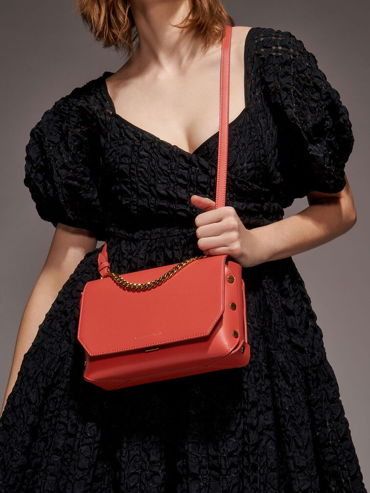Chain Handle Shoulder Bag, Coral, hi-res