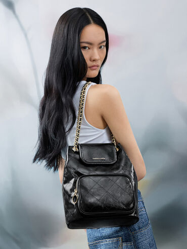 Apfra Quilted Front-Flap Bucket Bag, Black, hi-res