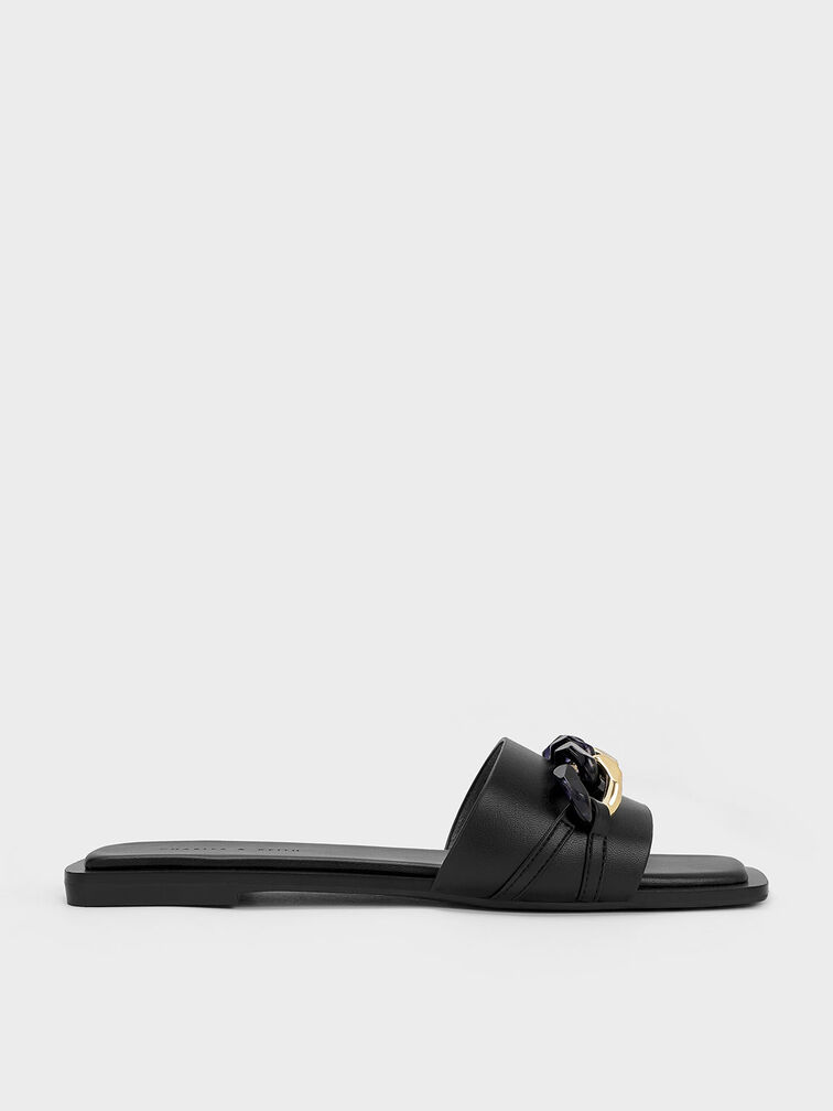 Chunky Chain-Link Slide Sandals, Black, hi-res