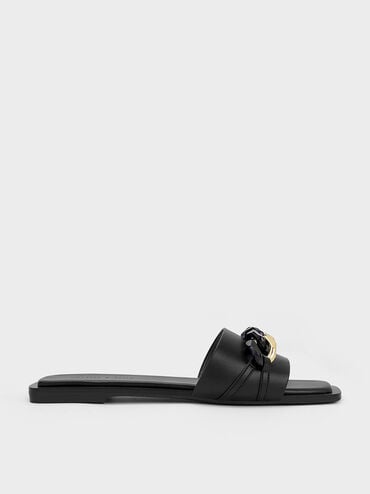 Chunky Chain-Link Slide Sandals, Black, hi-res