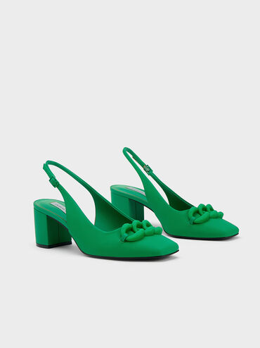 Chunky Chain-Link Slingback Pumps, Green, hi-res