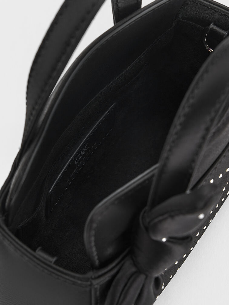 Satin Studded Knot-Bow Mini Bag, Noir Studded Satin, hi-res