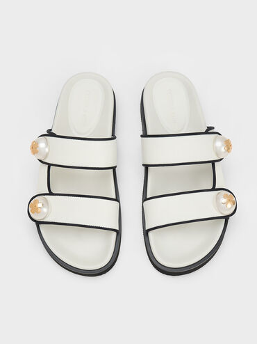 Aeryn Pearl Embellished Contrast-Trim Slides, White, hi-res