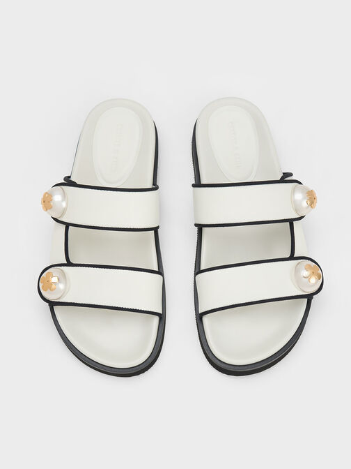 Pearl Embellished Contrast-Trim Slides, White, hi-res