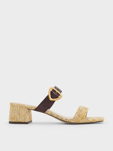 Sepphe Tweed Metallic Buckle Heeled Mules, Yellow, hi-res