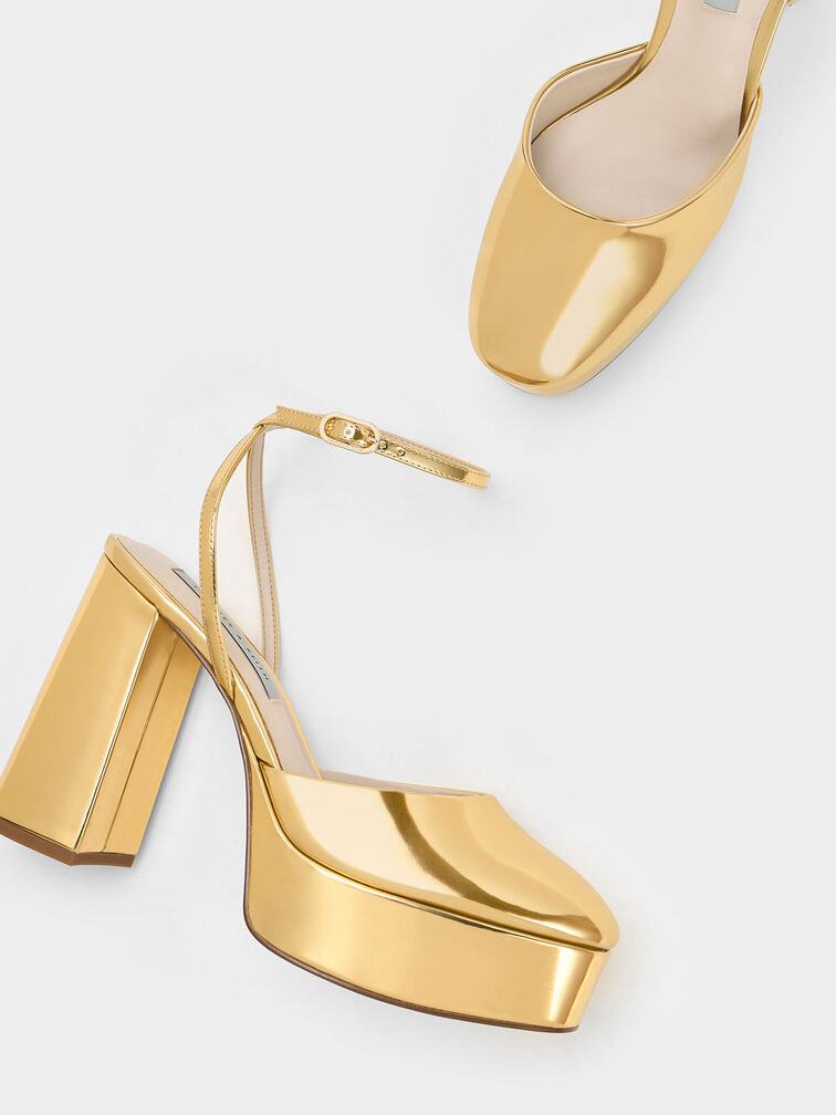 Metallic Platform Ankle-Strap Pumps, Gold, hi-res
