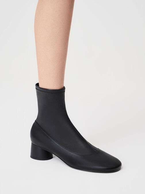 Stitch-Trim Cylindrical Heel Ankle Boots, Black, hi-res