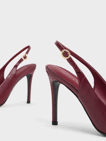 Croc-Embossed Stiletto Heel Slingback Pumps, Animal Print Burgundy, hi-res