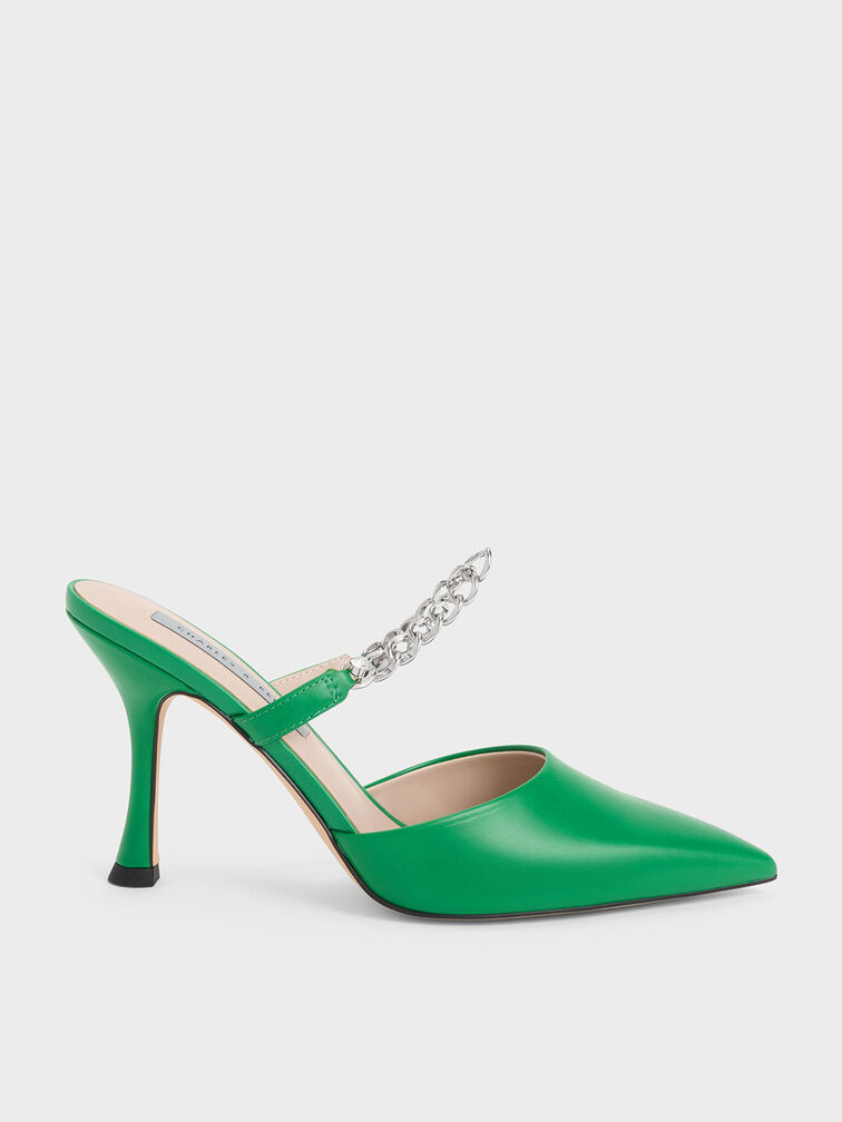 Chain-Link Strap Heeled Mules, Green, hi-res