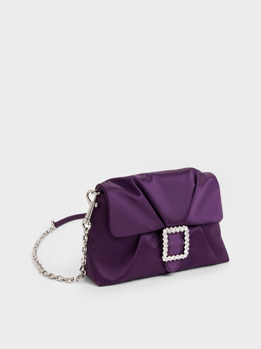 Judie Satin Crystal-Buckle Ruched Clutch Bag, Night Violet, hi-res