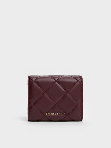 Arrietty Quilted Bow-Heart Charm Curved-Flap Wallet, Wineberry Red, hi-res