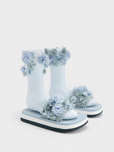 Floral Mesh Flatform Sandals, Light Blue, hi-res