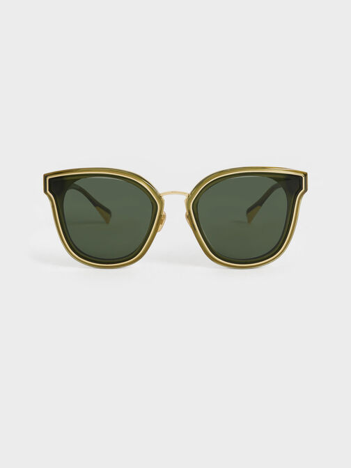 Gold-Trim Rectangular Sunglasses, Green, hi-res