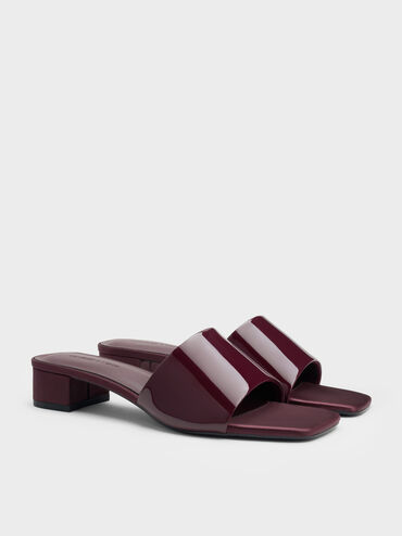 Patent Wide-Strap Heeled Mules, Burgundy, hi-res