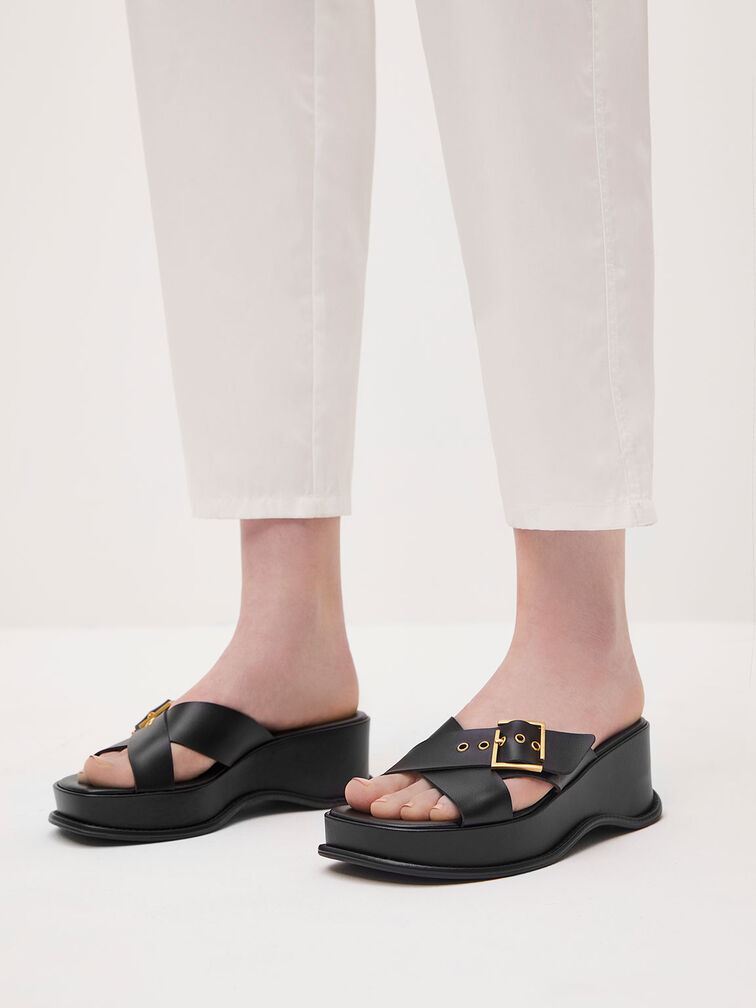 Buckled Crossover Curved Platform Sandals, Black, hi-res