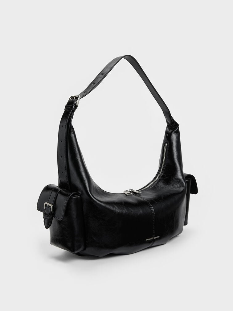 Large Bessie Side-Pocket Hobo Bag, Noir, hi-res