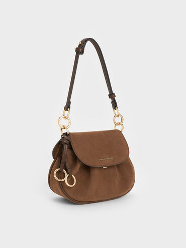 Britton Recycled Suede Ruched Saddle Bag, Mocha Brown, hi-res