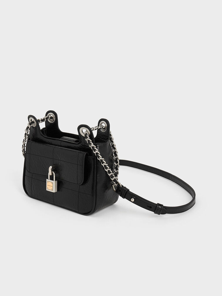 Suki Crinkle-Effect Padlock Shoulder Bag, Noir, hi-res