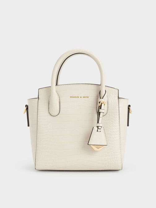 Croc-Effect Trapeze Tote Bag, Ivory, hi-res