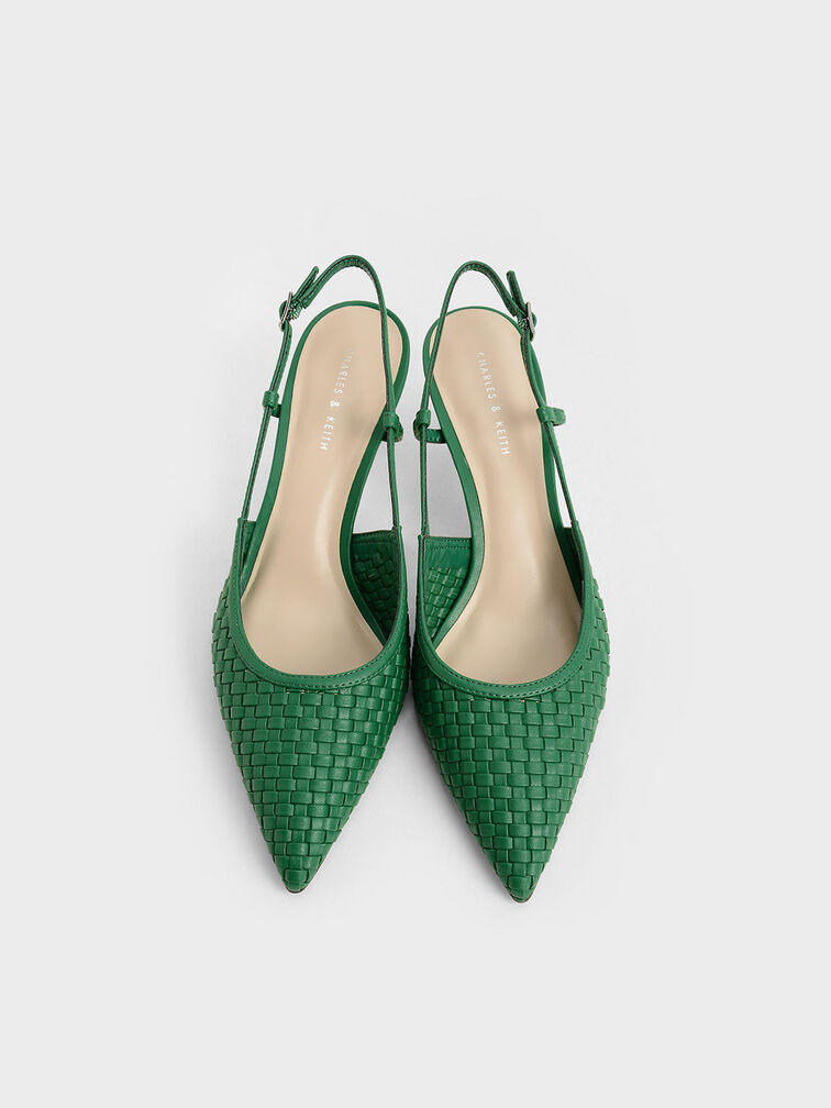 Woven Slingback Pumps, Green, hi-res