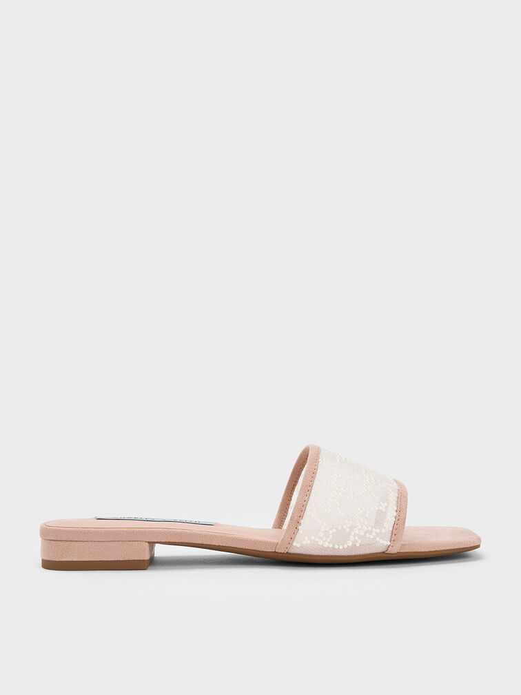 Bead-Embellished Mesh Flat Sandals, Nude, hi-res