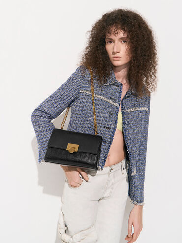 Snake Print Metallic Accent Clutch, Black, hi-res