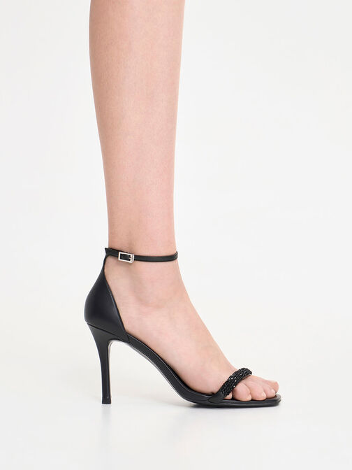 Beaded Strap Heeled Sandals, Black, hi-res
