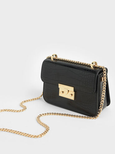 Alva Croc-Effect Chain Strap Crossbody Bag, Black, hi-res