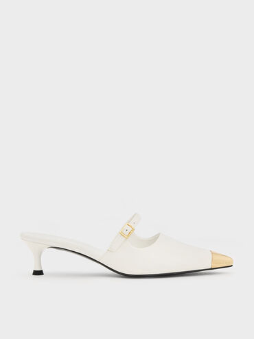 Metallic Cap Heeled Mules, White, hi-res