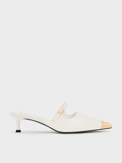 Metallic Cap Heeled Mules, White, hi-res