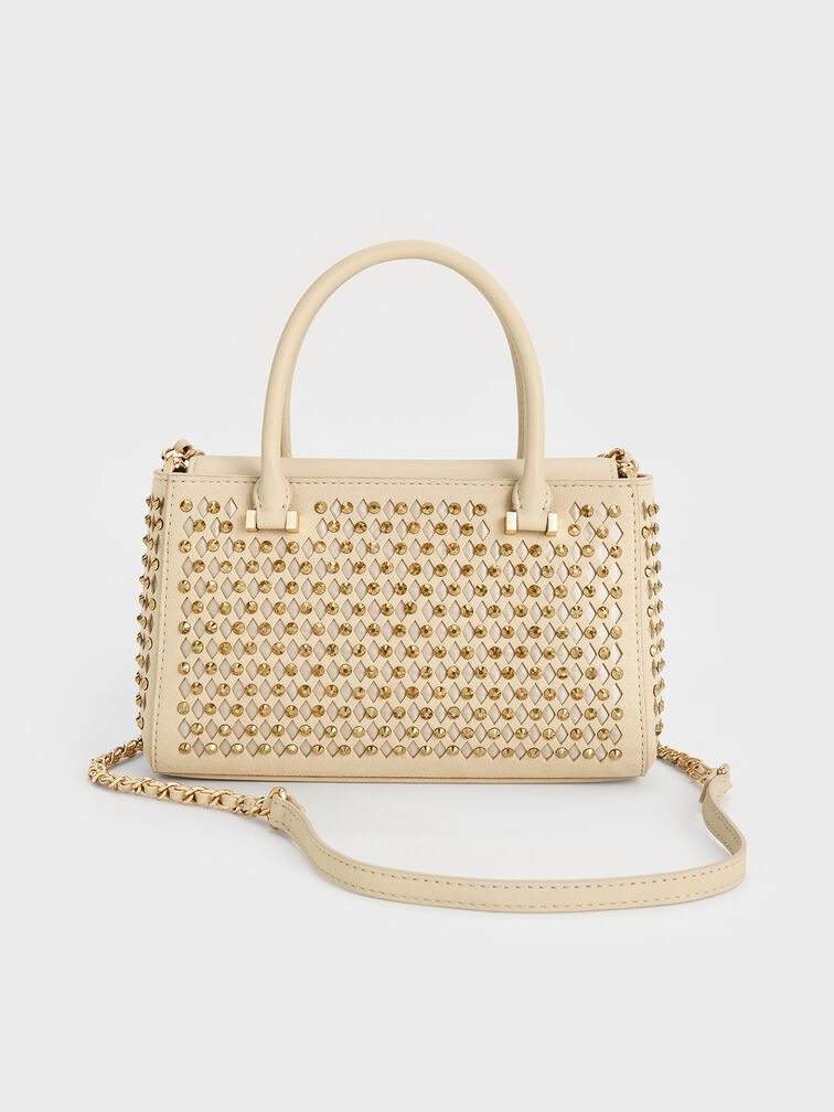 Suede & Leather Studded Cut-Out Tote Bag, Cream, hi-res