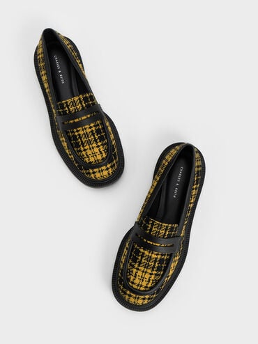 Checkered Penny Loafers, Yellow, hi-res