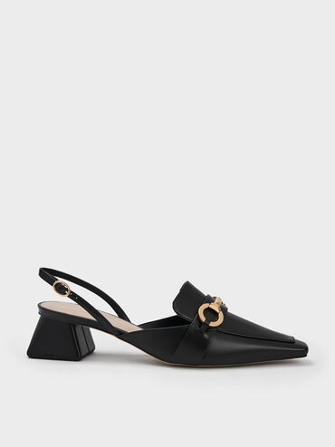 Metallic Bar Slingback Pumps, Black, hi-res