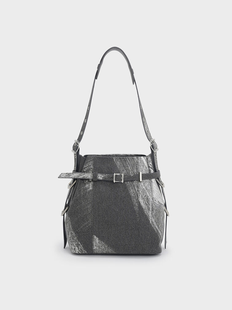 Bryna Brushed Denim Belted Bucket Bag, Silver Brushed Denim, hi-res