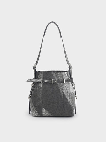 Bryna Brushed Denim Belted Bucket Bag, Silver Brushed Denim, hi-res