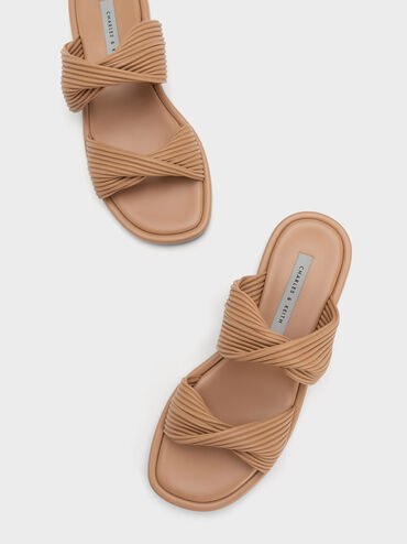 Pleated Twist Strap Slides, Sand, hi-res