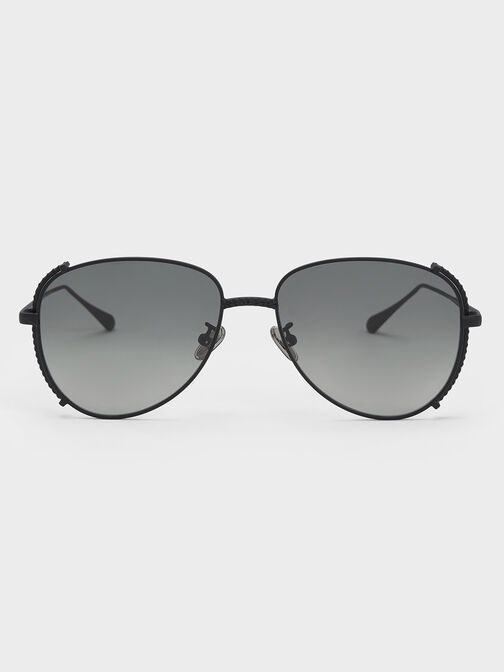 Gem-Embellished Wireframe Aviator Sunglasses, Black, hi-res