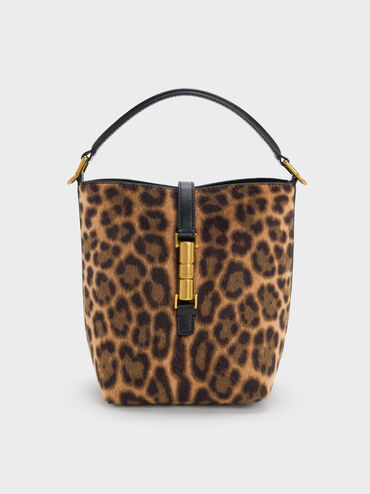 Cesia Leopard-Print Metallic-Accent Bucket Bag, Multi, hi-res