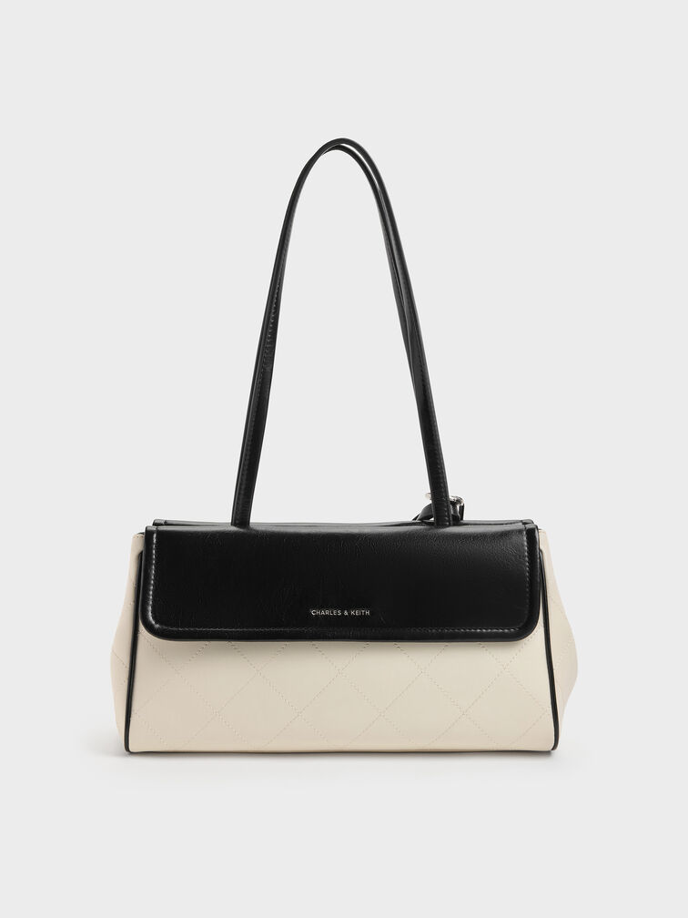 Apfra Two-Tone Quilted Elongated Shoulder Bag, Multi Cream, hi-res