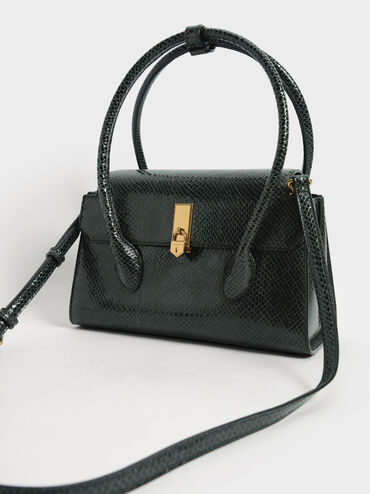 Locket Snake-Print Push-Lock Bag, Dark Green, hi-res