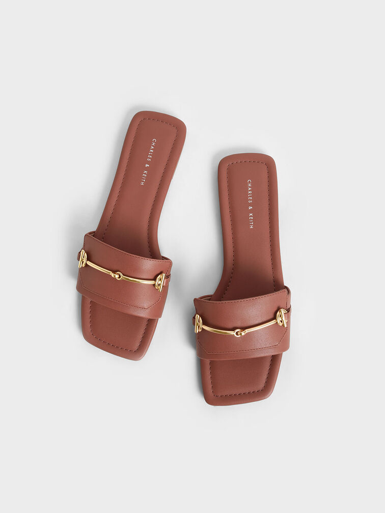 Metallic Accent Slide Sandals, Cognac, hi-res