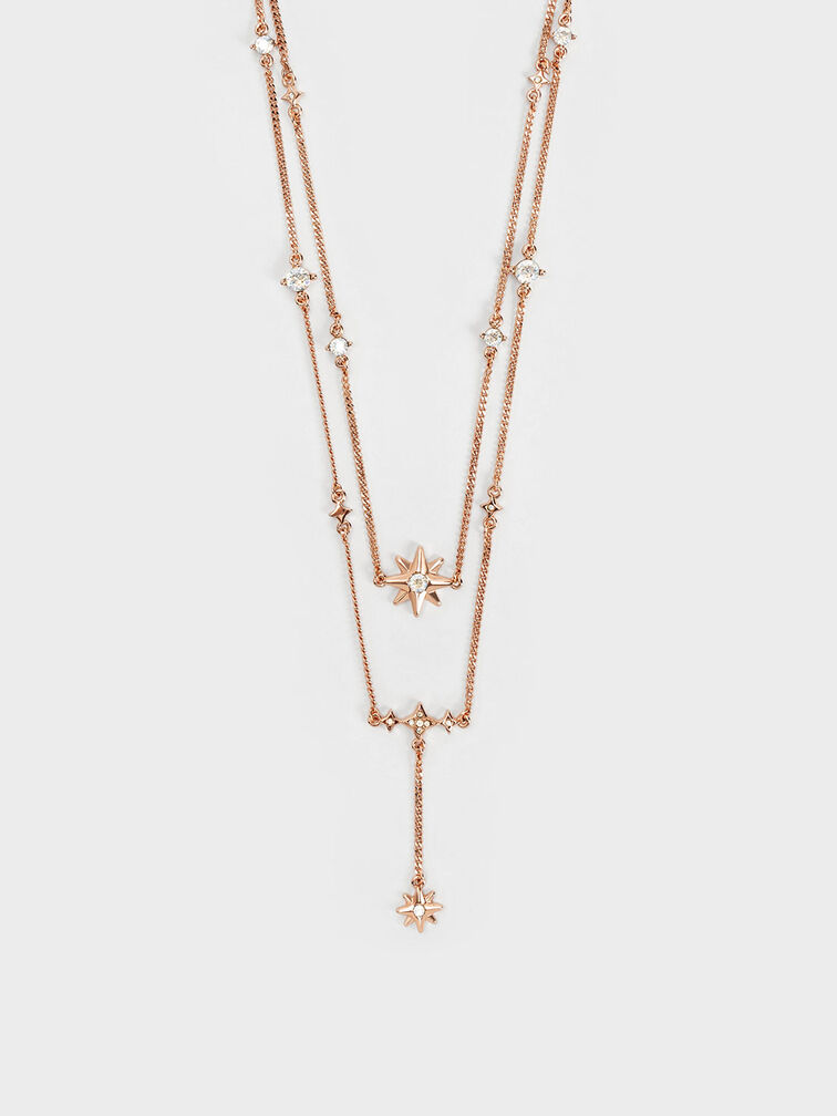 Star Motif Crystal-Embellished Double Necklace, Rose Gold, hi-res