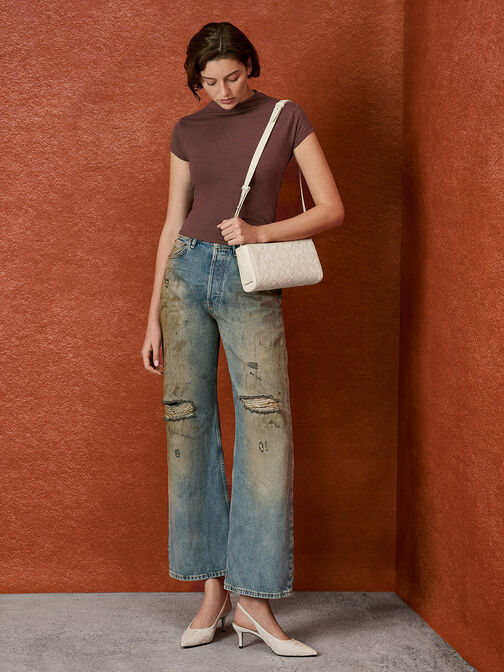 Ivette Woven Elongated Shoulder Bag, Cream, hi-res
