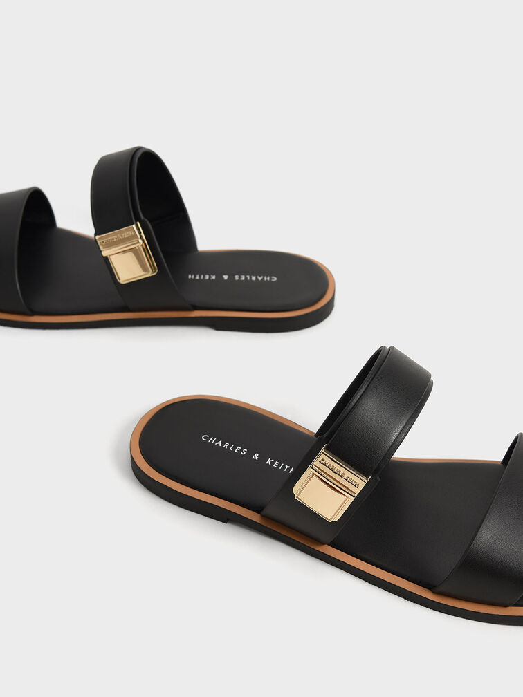 Dove Metallic Buckle Slide Sandals, Black, hi-res