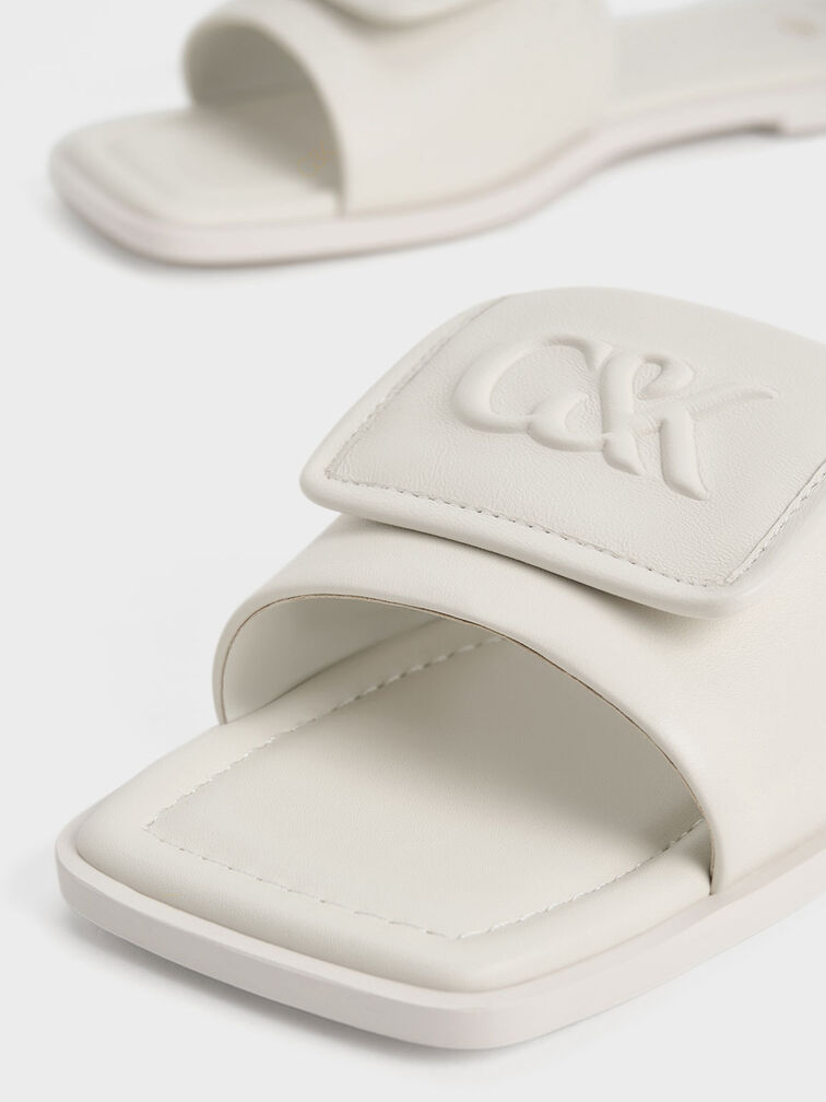 Leather Slide Sandals, White, hi-res