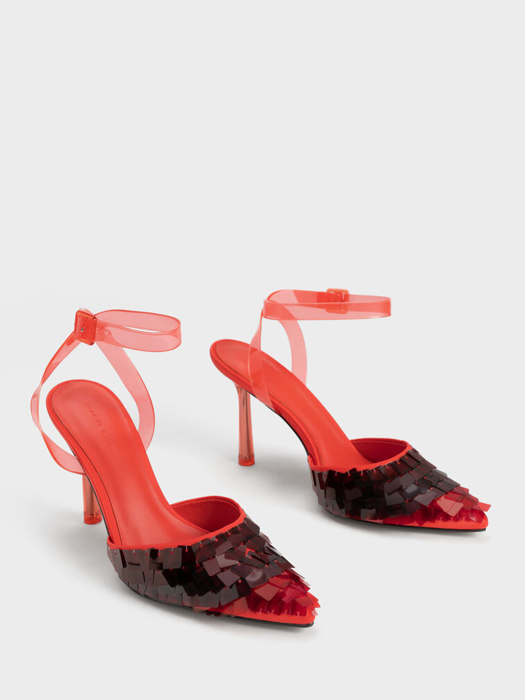 Sequinned Satin Ankle-Strap Pumps, Red, hi-res