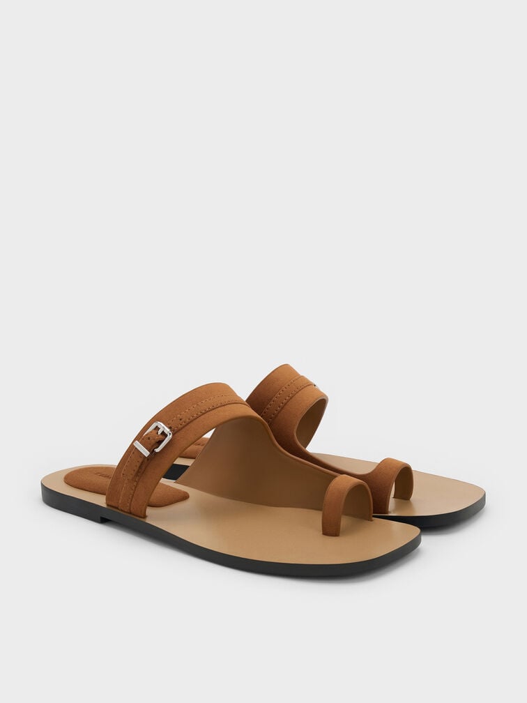 Faux Suede Buckled Toe-Ring Sandals, Cognac, hi-res