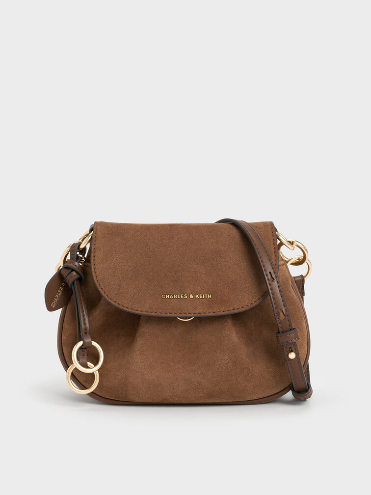 Britton Recycled Suede Ruched Saddle Bag, Mocha Brown, hi-res