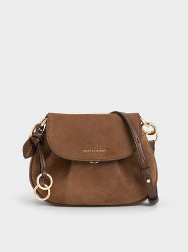 Britton Recycled Suede Ruched Saddle Bag, Mocha Brown, hi-res