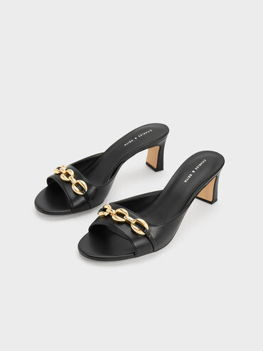 Chunky Chain-Link Heeled Mules, Black, hi-res